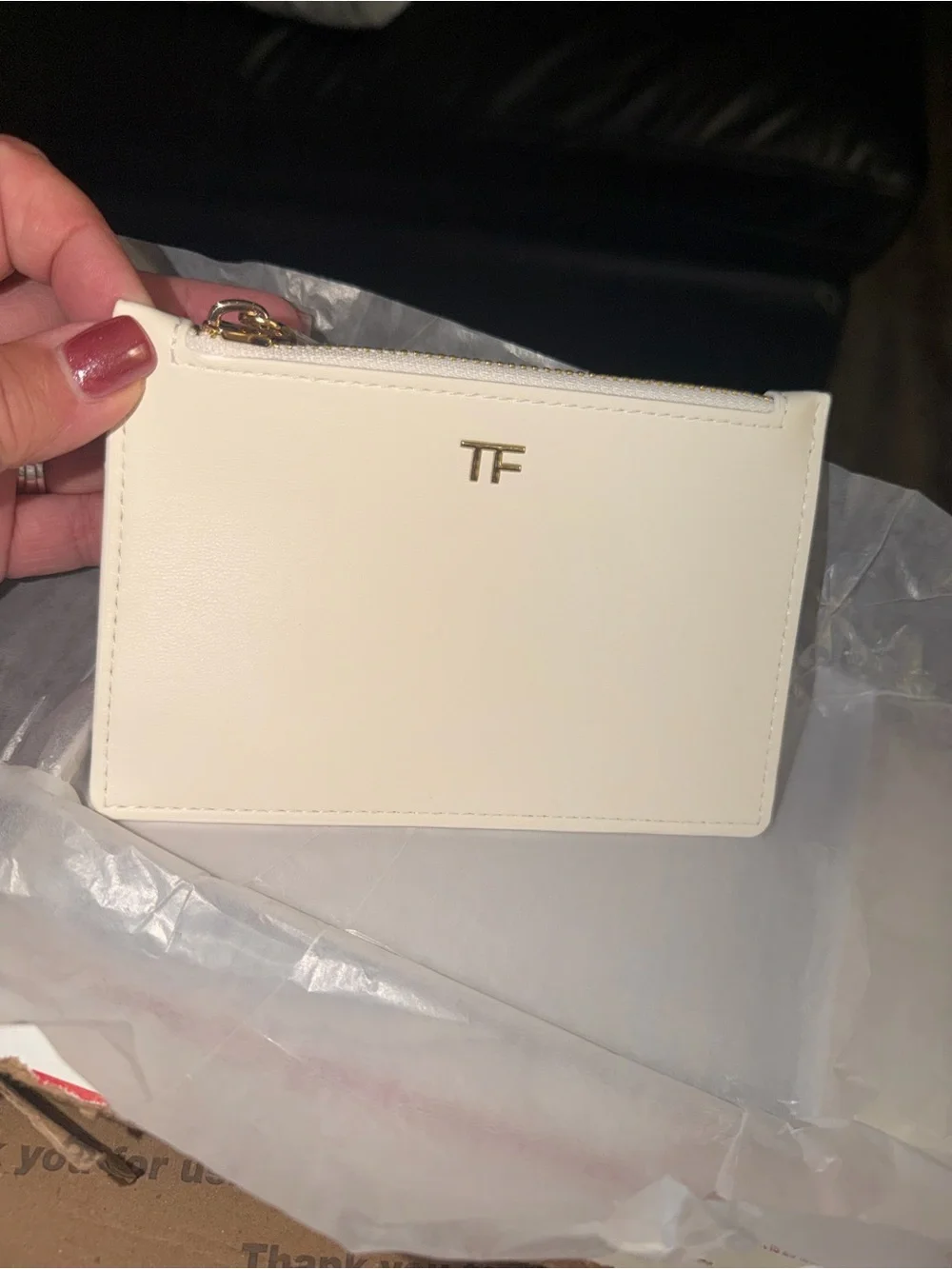 Tom Ford White Leather Zip Card Holder with Gold TF Monogram size 4x6